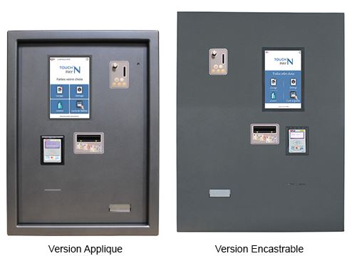 borne de paiement écran tactile TOUCH'N PAY avec gestion à distance marque LM CONTROL paiement par pièces, billets de banque, carte bancaires sans contact