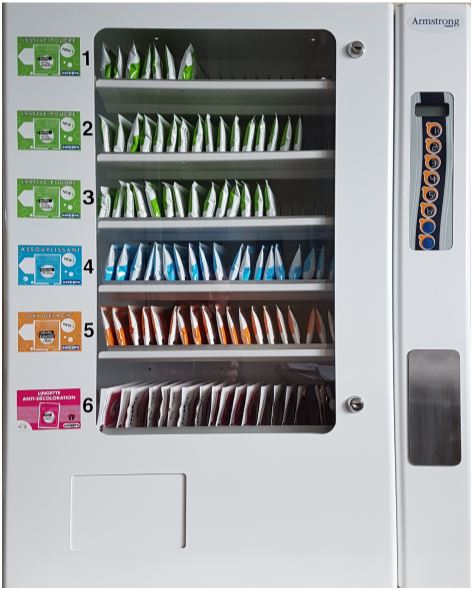 distributeur automatique de produits en dosettes multichoix : lessive liquide ou poudre, détachant, assouplissant, lessive en feuille, lingette anti décoloration distribué par Armstrong France
